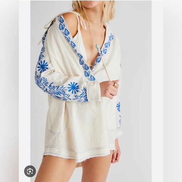 Free People Cream and Blue Embroidered Top - Picture 2 of 4